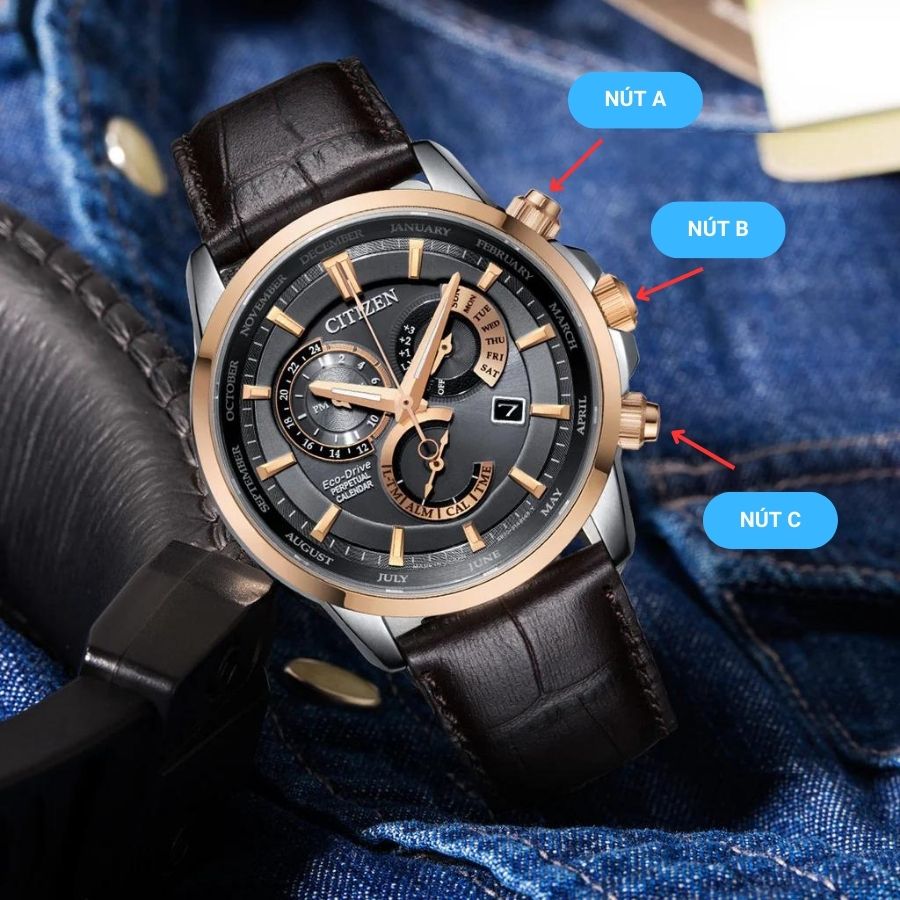 Cách chỉnh đồng hồ Citizen Eco Drive lịch vạn niên giờ và phút - ảnh 1