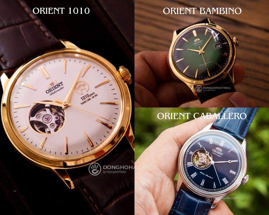 Đồng hồ Orient 1010 là sự kết hợp giữa nhiều chi tiết thiết kế ăn khách như mặt kính cong, cơ lộ máy,... Từ trái qua: Orient RA-AG0430S00B, Orient FAC08002F0, Orient FAG00004D0