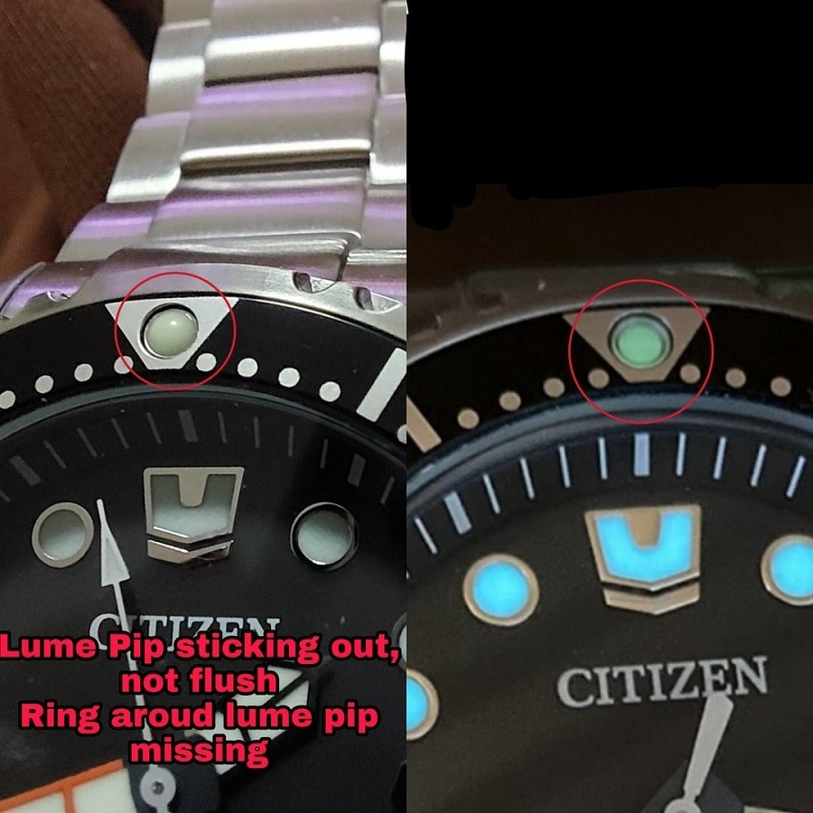 Đồng hồ chính hãng bên phải có lume ẩn ở vị bezel, Citizen Trung Quốc thì có dạng nổi - ảnh 1