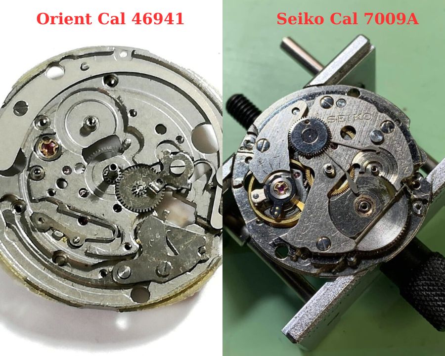 Sự tương đồng trong bố trí cấu trúc và hình dạng linh kiện giữa máy Seiko 7009a và máy Orient 46941