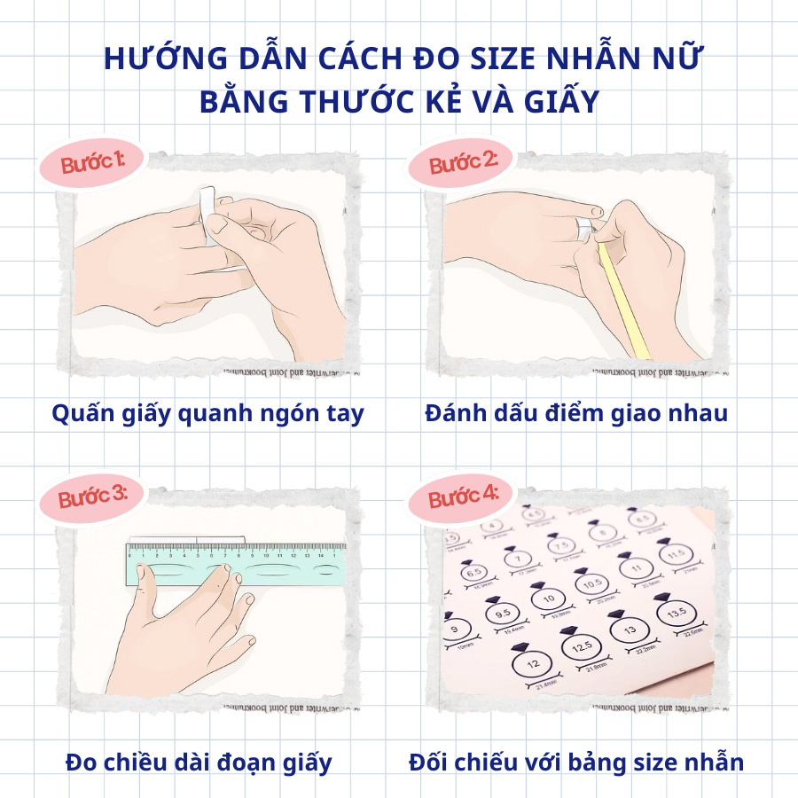 Hình ảnh hướng dẫn chi tiết cách đo size nhẫn nữ bằng thước kẻ và giấy