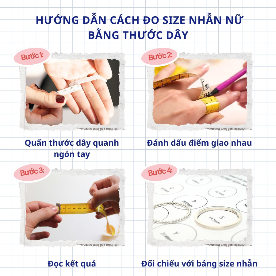 Hình ảnh hướng dẫn chi tiết cách đo size nhẫn nữ bằng thước dây