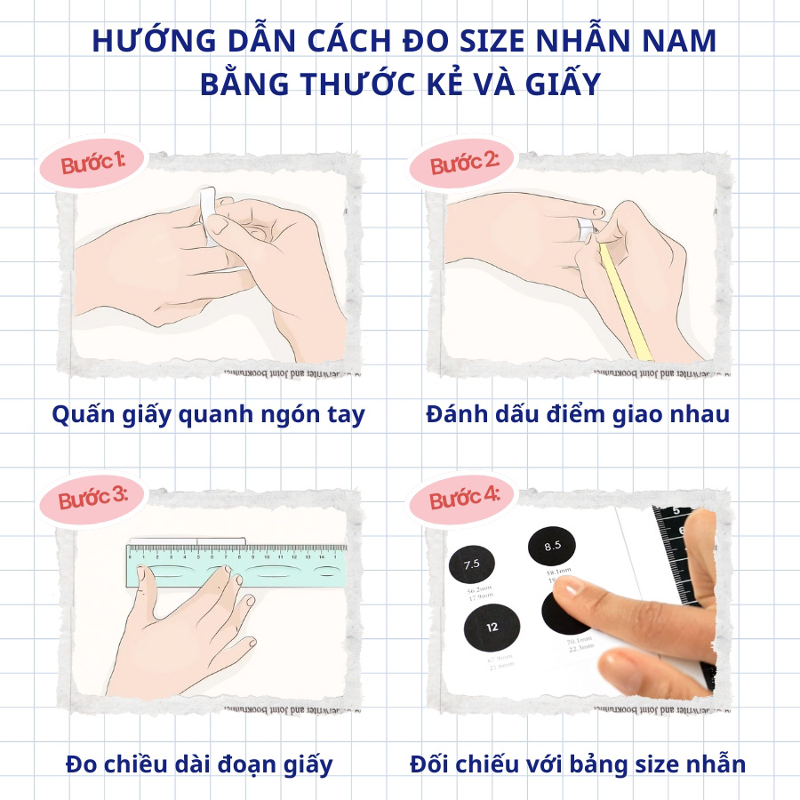 Hình ảnh hướng dẫn chi tiết các bước đo ni nhẫn bằng thước kẻ và giấy