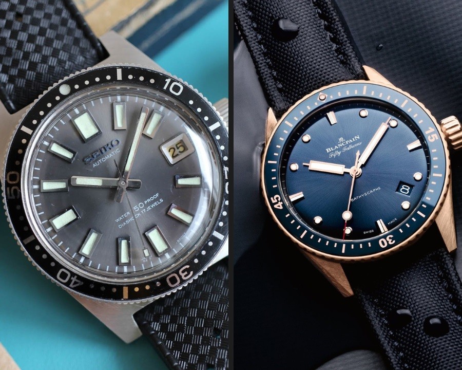 Bên trái là chiếc 62MAS của Seiko (bắt nguồn ra đời của Seiko SKX013) với thiết kế lấy cảm hứng từ Blancpain Fifty Fathoms Bathyscaphe
