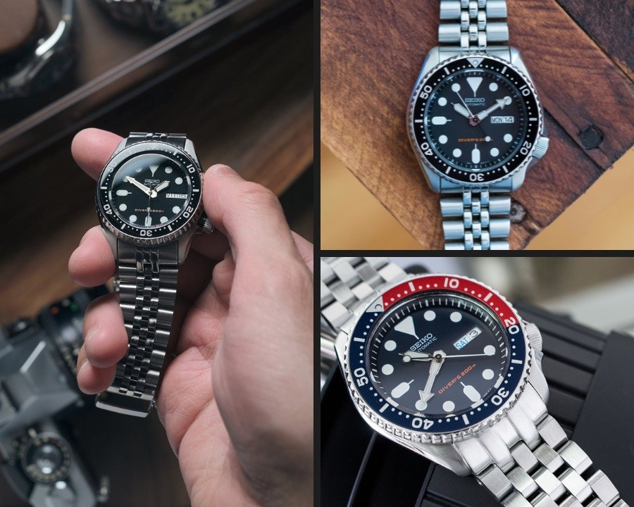 Bên trái là Seiko SKX013 và bên phải là SKX007 (trên) và Seiko Pepsi SKX009 (dưới)\