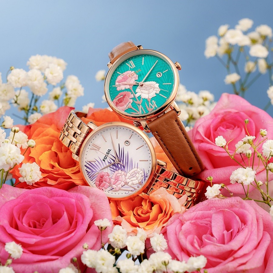 Mặt số chạm khắc họa tiết hoa lá tinh xảo trên Fossil Jacqueline