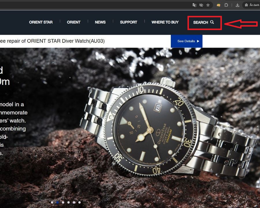 Tra cứu mã sản phẩm thông qua website chính hãng của Orient - bước 1