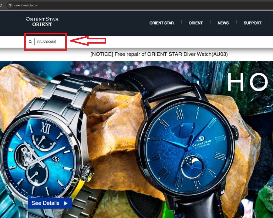 Tra cứu mã sản phẩm thông qua website chính hãng của Orient - bước 2