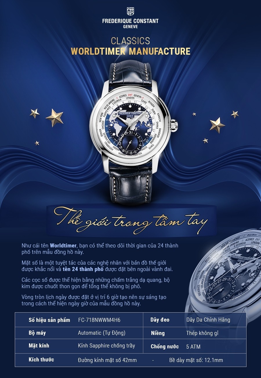 Đồng hồ Frederique Constant Classic Worldtimer Manufacture FC-718NWWM4H6 chính hãng 100%