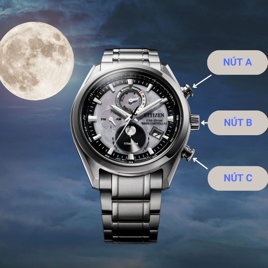 Phân biệt các nút trước khi đến phần chỉnh, cài đặt thời gian cho Citizen Radio Controlled Eco Drive - ảnh 2
