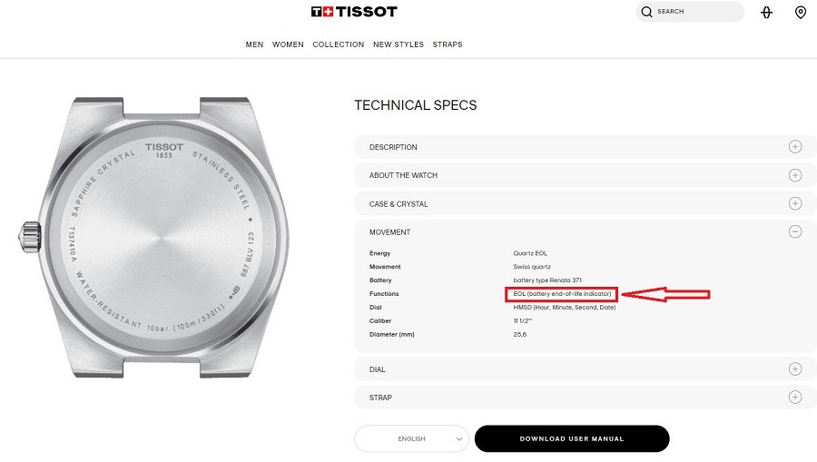 Tính năng EOL trên đồng hồ Tissot