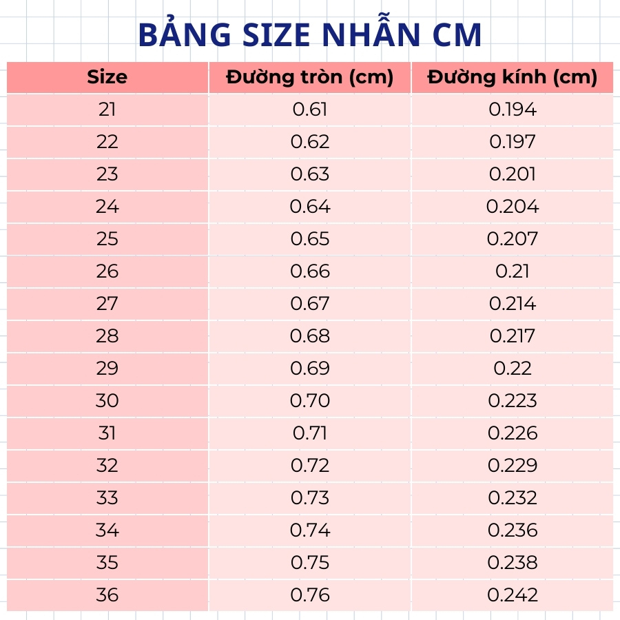 Tham khảo bảng size nhẫn được đo theo đơn vị cm