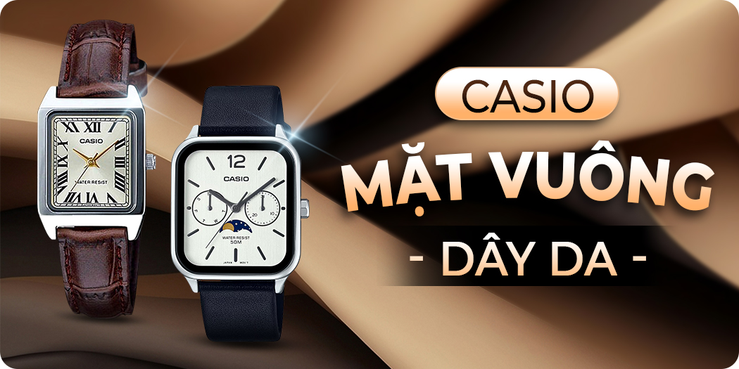 Đồng hồ Casio mặt vuông dây da đẹp, chính hãng, góp 0%