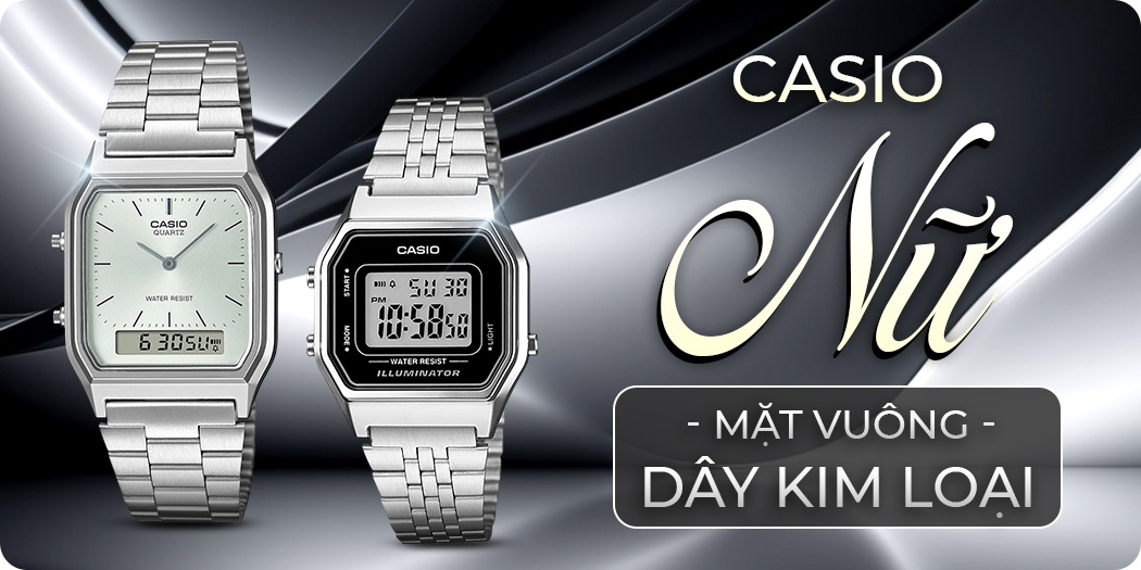 Đồng hồ Casio nữ dây kim loại mặt vuông chính hãng, góp 0%