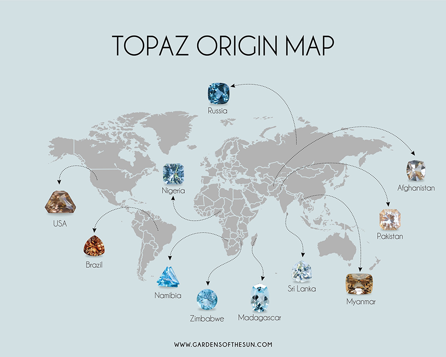 Bản đồ cho thấy sự đa dạng về nguồn gốc của Topaz, từ những mỏ đá sâu thẳm ở Nga, đến vùng đất nắng ấm của Brazil. Mỗi viên đá hoàng ngọc đều mang trong mình câu chuyện riêng về hành trình địa chất và văn hóa thú vị