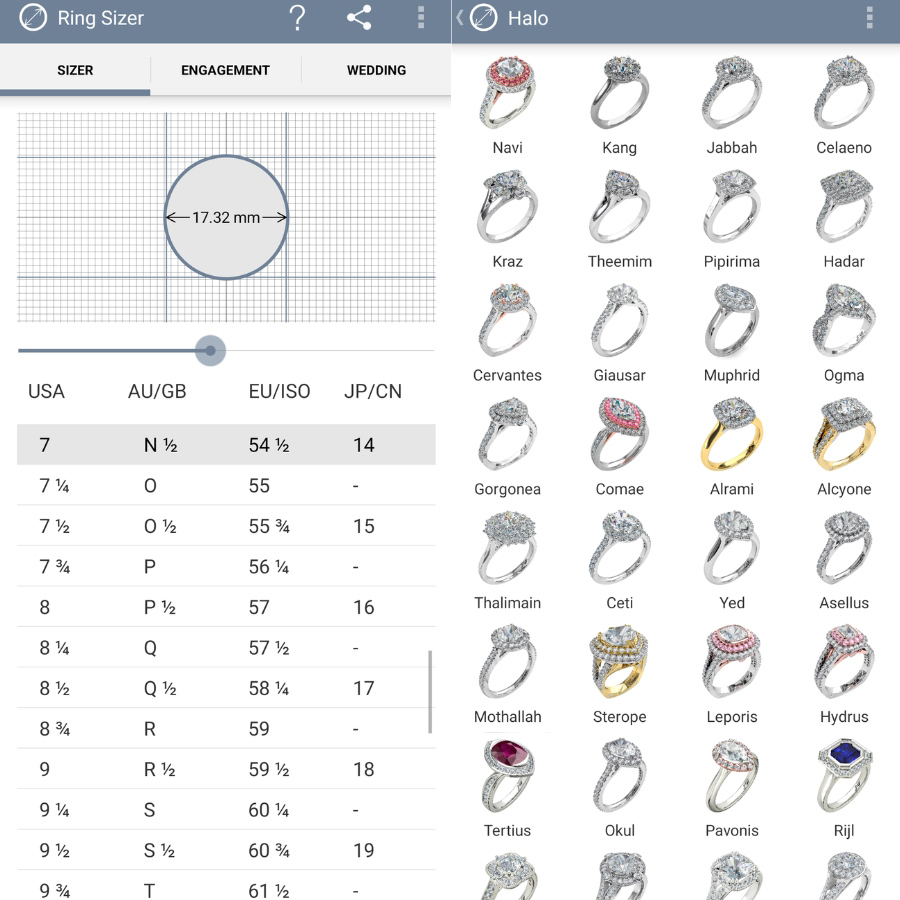 Giao diện hiển thị khi đo size nhẫn trên điện thoại bằng app Ring Sizer by Jason Withers