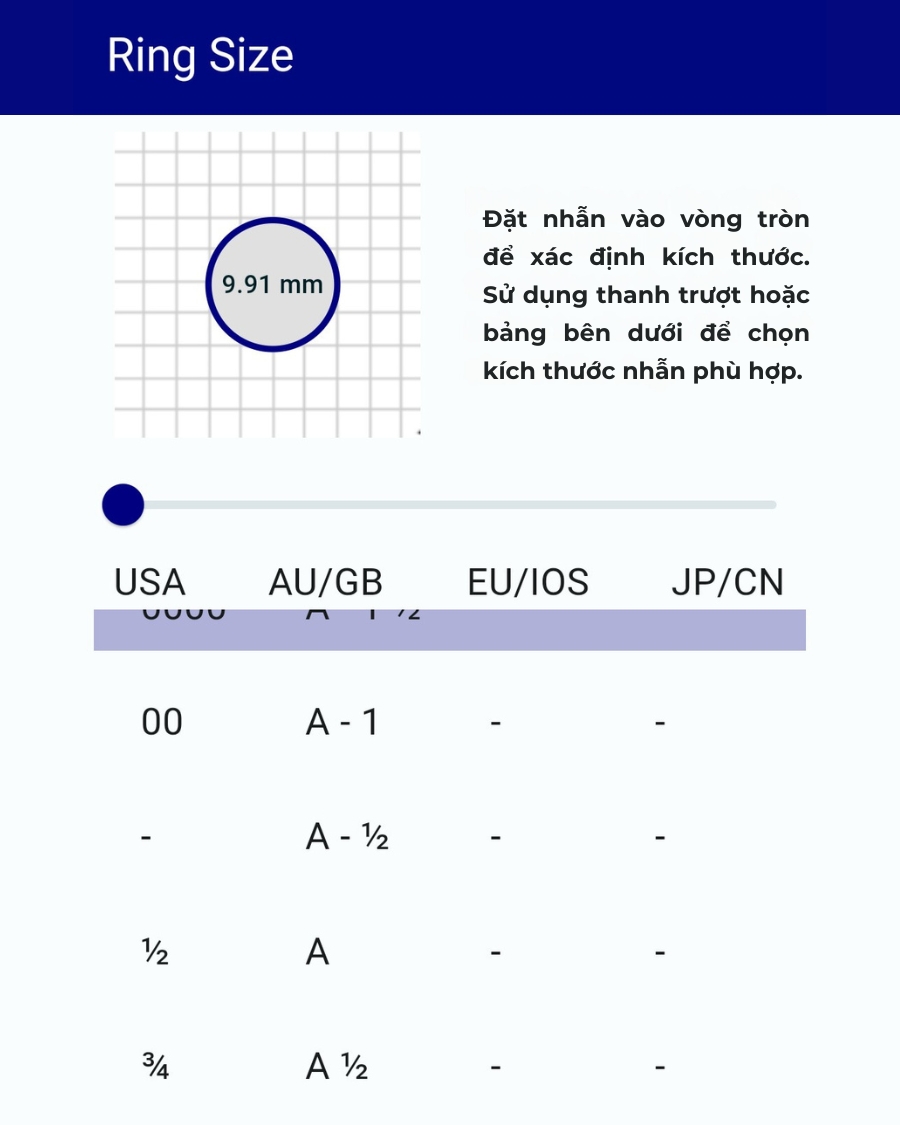 Giao diện hiển thị khi đo size nhẫn bằng app Ring Sizer