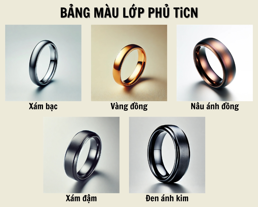Lớp phủ TiCN trên trang sức có các màu từ xám bạc đến đen ánh kim. Trong đó, xám bạc và vàng đồng là lớp phủ màu phổ biến nhất