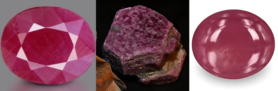 Bên trái: viên hồng ngọc Ấn Độ. Ở giữa: Đá ruby cấp độ chạm khắc. Bên phải: Đá ruby cấp Cabochon