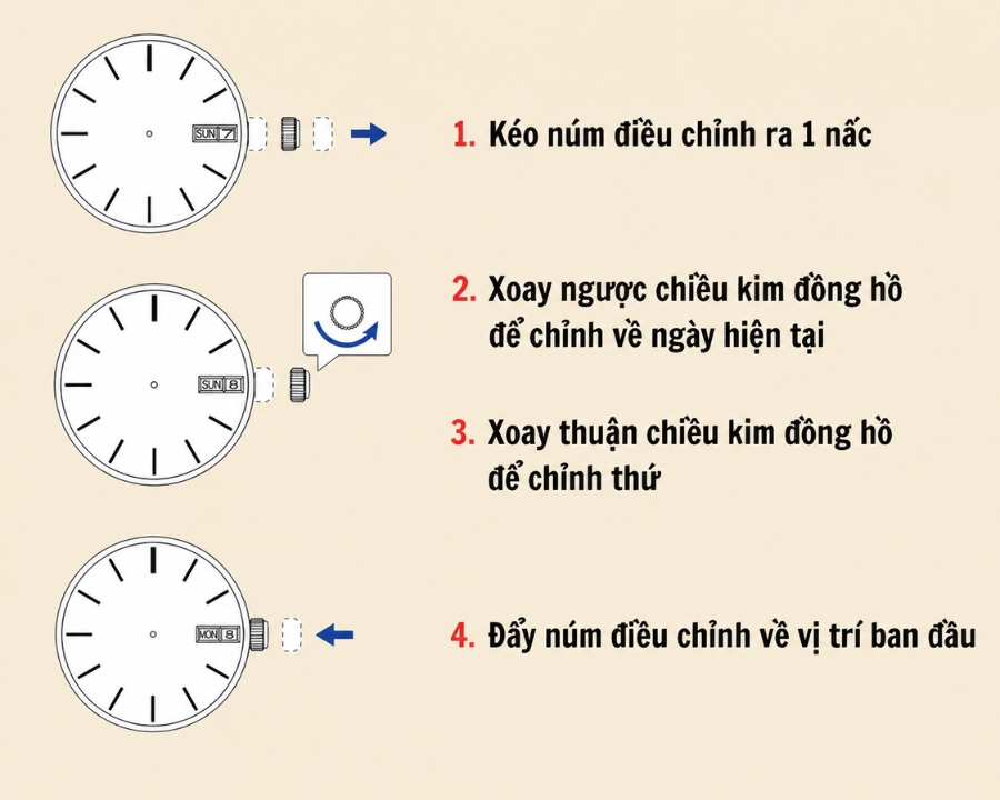 Cách chỉnh thứ, ngày đồng hồ Orient