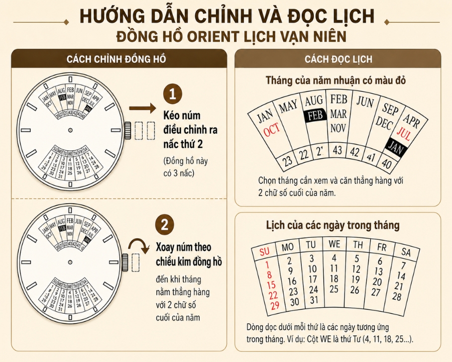 Cách chỉnh đồng hồ Orient lịch vạn niên