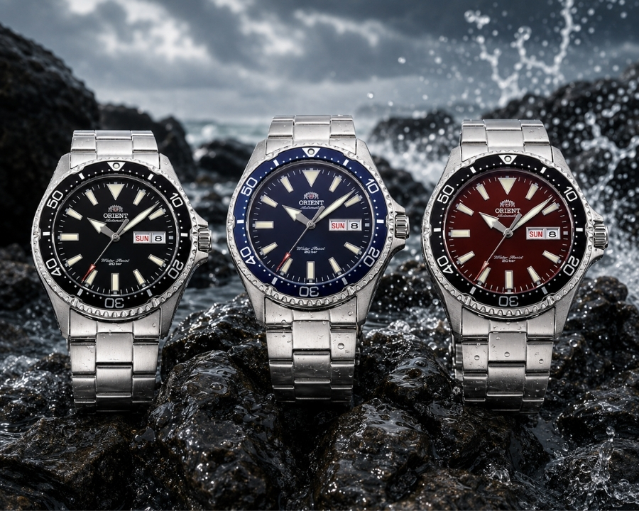 Các mẫu đồng hồ Orient Mako 3 RN-AA0001B, Orient Mako 3 RN-AA0002L, Orient Mako 3 RN-AA0003R theo thứ tự từ trái sang phải
