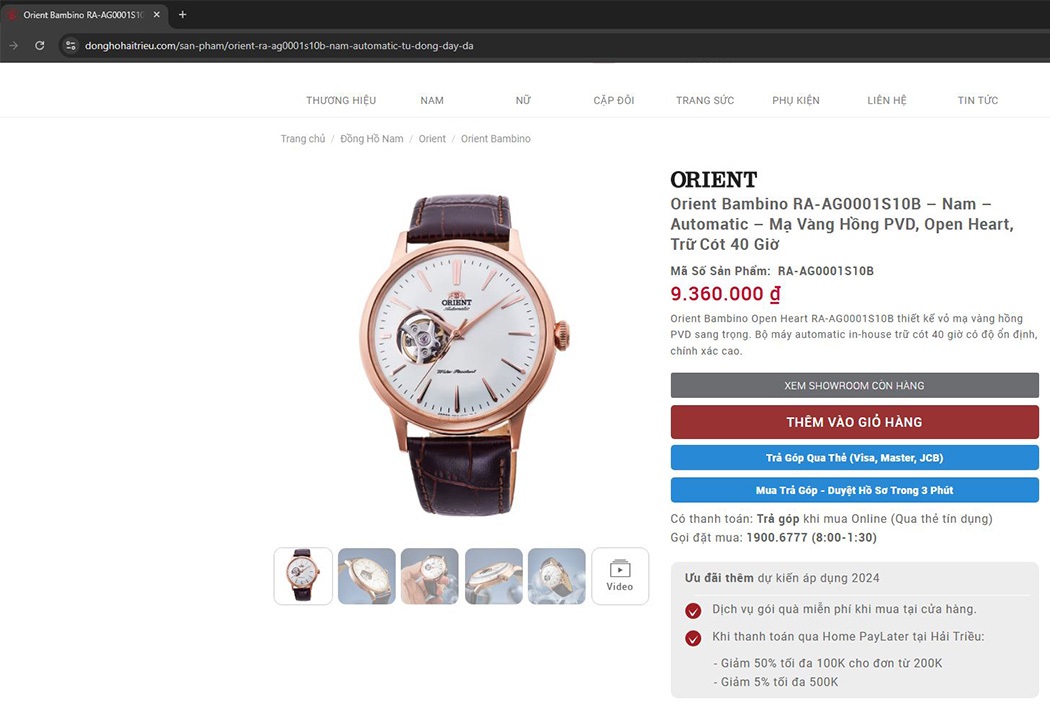 Hải Triều bán lẻ đồng hồ Orient đúng với mức giá niêm yết của hãng
