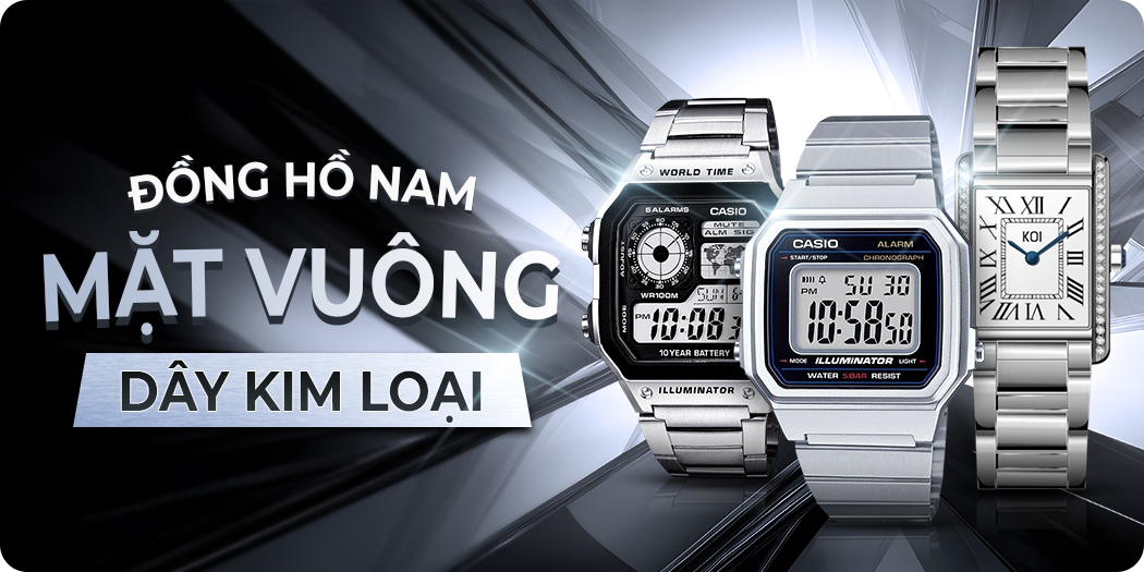đồng hồ nam mặt vuông dây kim loại