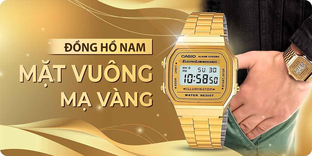 đồng hồ nam mặt vuông mạ vàng