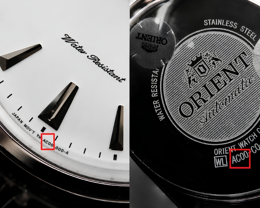 Đồng hồ Orient được in mã hiệu tại vị trí 6h trên mặt số và mặt sau 
