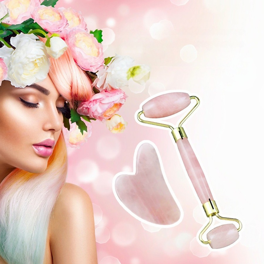 Con lăn massage mặt và Guasha được làm từ Rose Quartz
