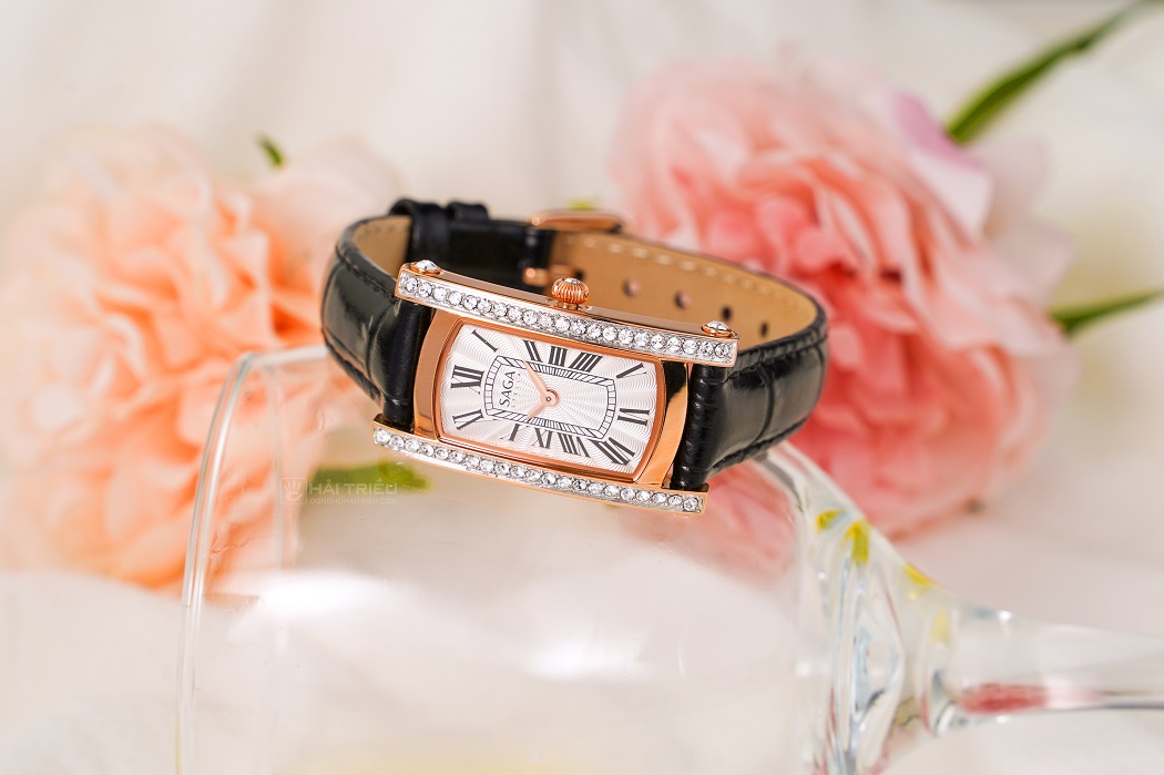 đồng hồ nữ mặt vuông đính đá Saga Stella 71836-RGSVBK-2