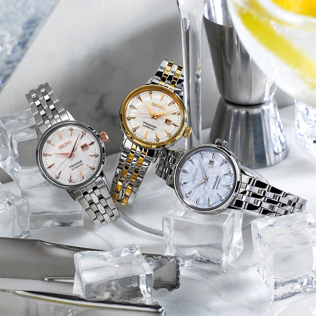 đồng hồ nữ mặt tròn với dây kim loại Seiko Presage Cocktail SRE009J1