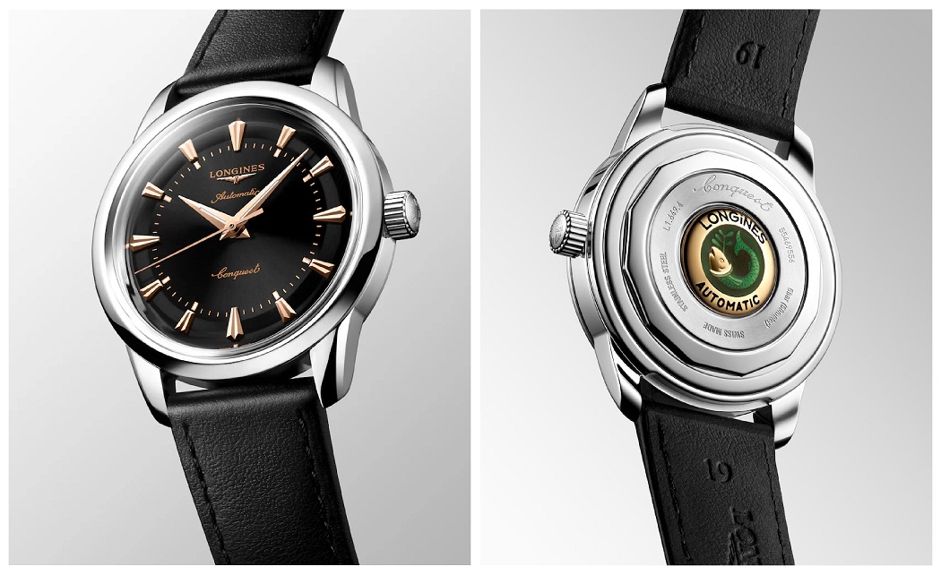 mặt trước và mặt sau của mẫu đồng hồ nữ vàng 18k Longines Conquest Heritage L1.649.4.52.2