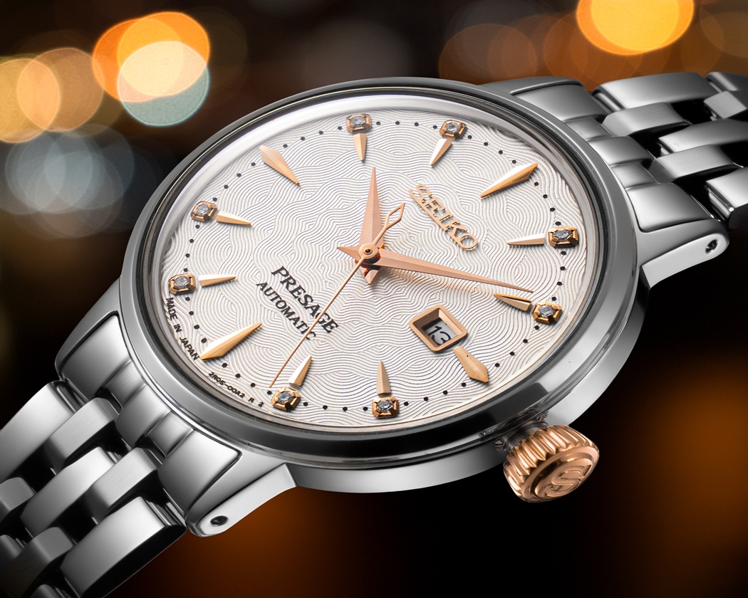 Seiko water resistant 5 BAR Presage Cocktail SRE009J1 mặt vân sóng trắng, cọc đá, kim-núm vàng hồng, dây thép