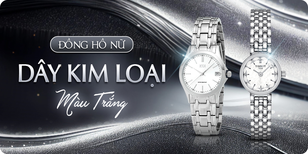 Đồng hồ nữ dây kim loại màu trắng chính hãng