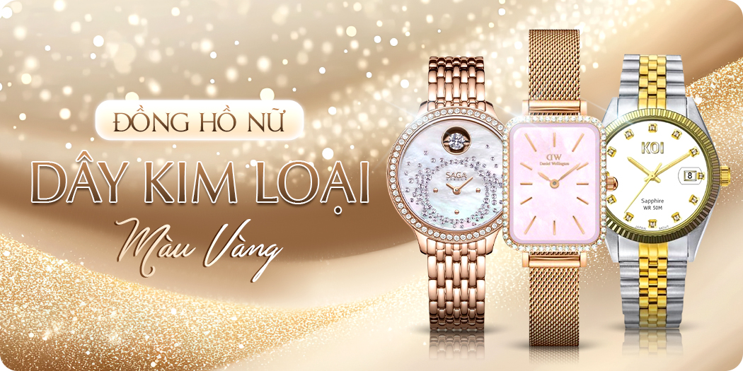 Đồng hồ nữ dây kim loại màu vàng chính hãng