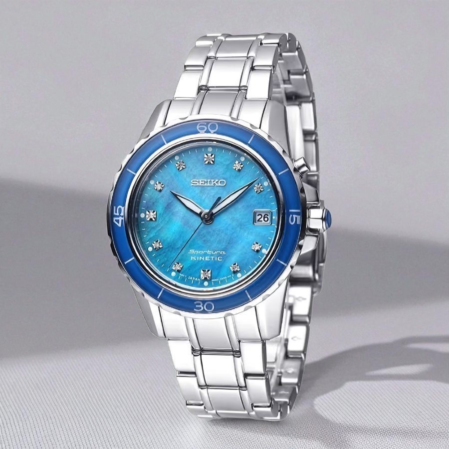 Đồng hồ Seiko Sportura SKA873P1 với những viên kim cương lấp lánh cùng mặt số xanh đại dương