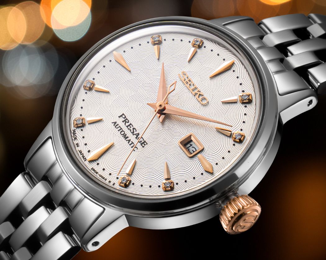 Mặt số Seiko Presage Cocktail SRE009J1 với họa tiết Guilloche vàng sang trọng