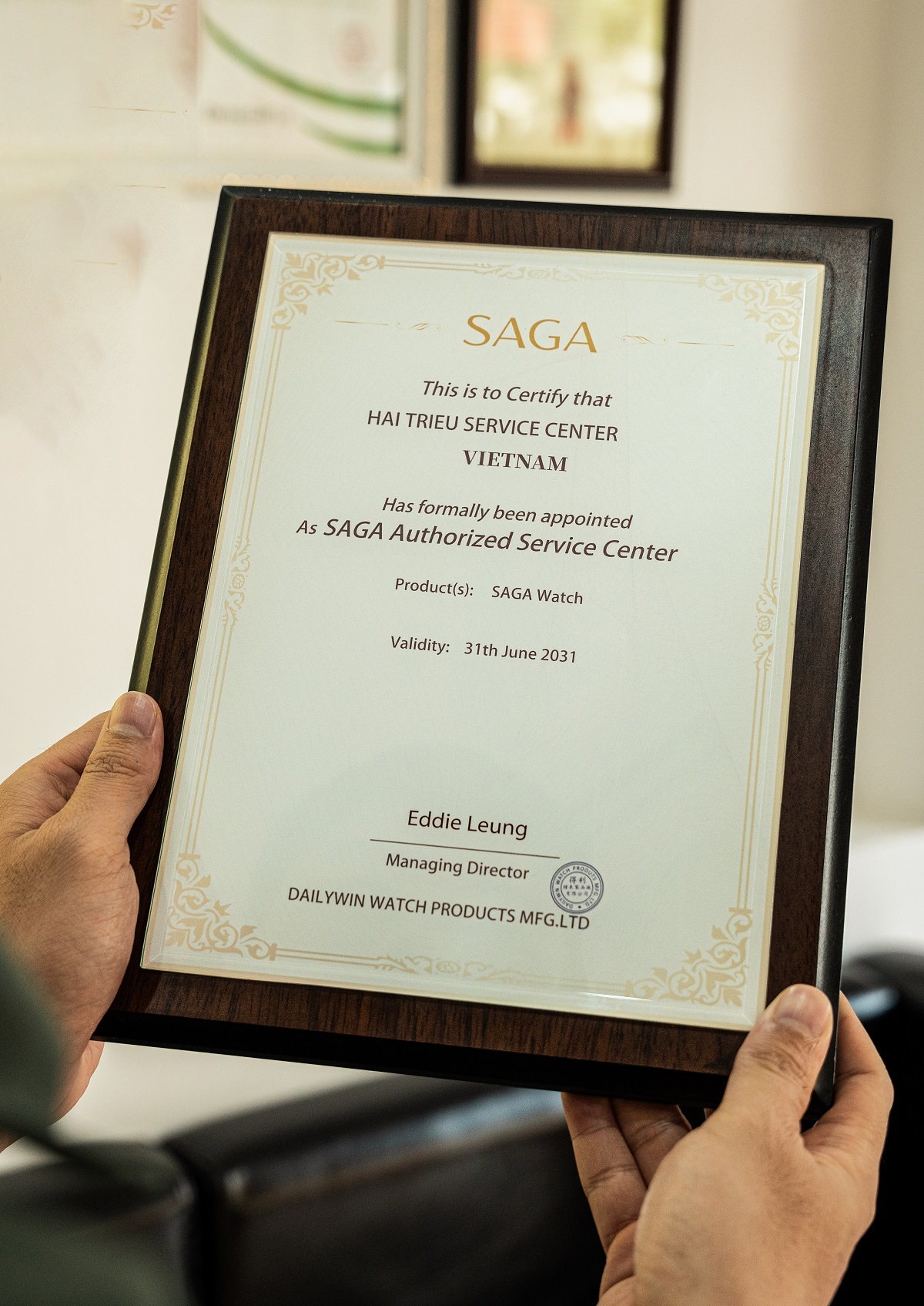 Giấy chứng nhận sửa chữa đồng hồ từ hãng Saga cấp cho Trung tâm sửa chữa Đồng Hồ Hải Triều