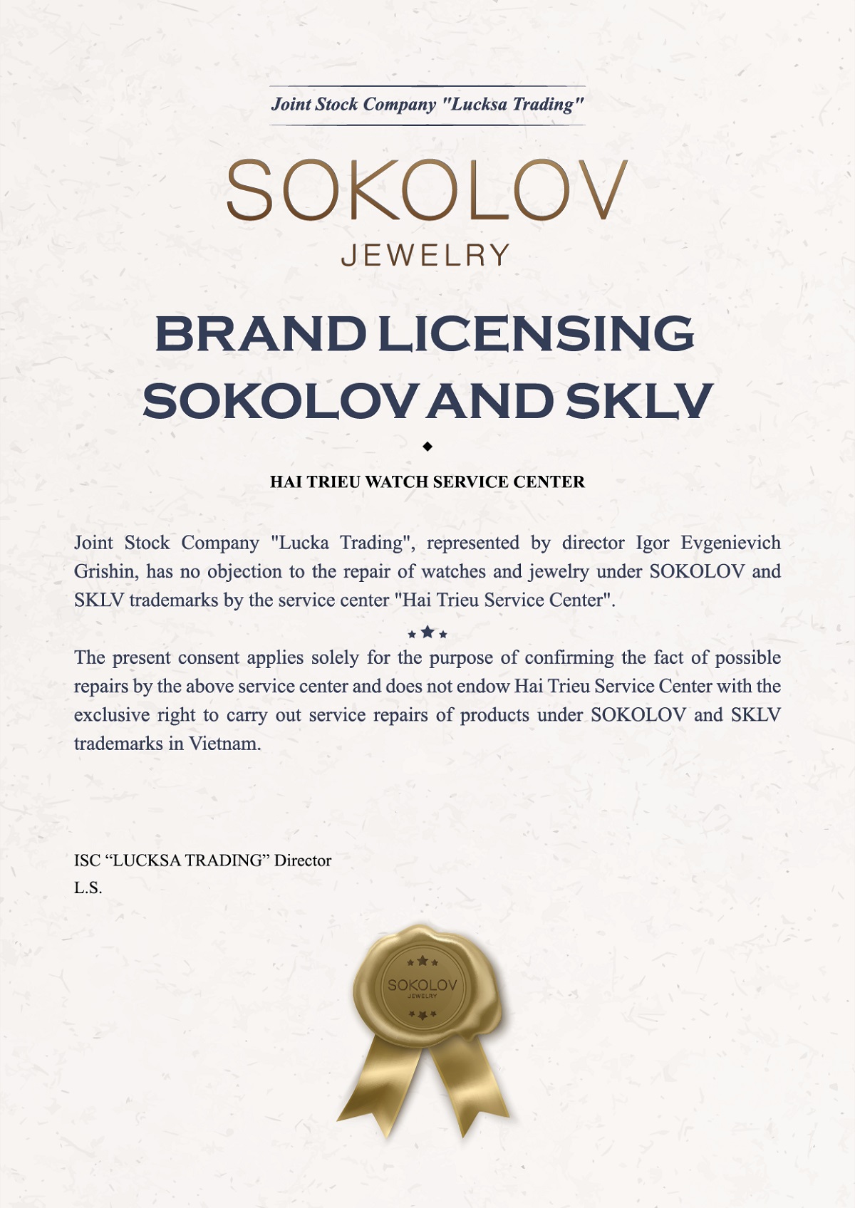 Giấy chứng nhận sửa chữa đồng hồ từ hãng Sokolov cấp cho Trung tâm sửa chữa Đồng Hồ Hải Triều