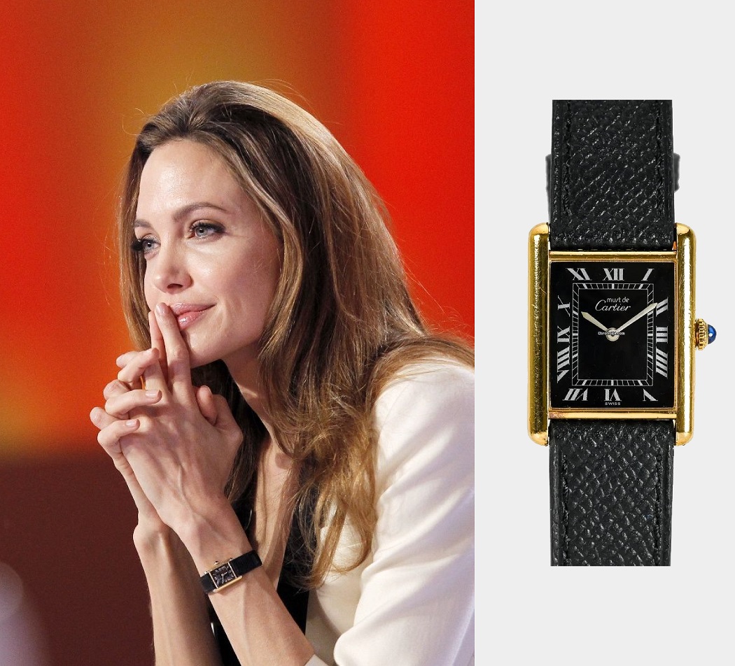 Ngôi sao Angelina Jolie đeo Cartier Tank mặt và dây da màu đen