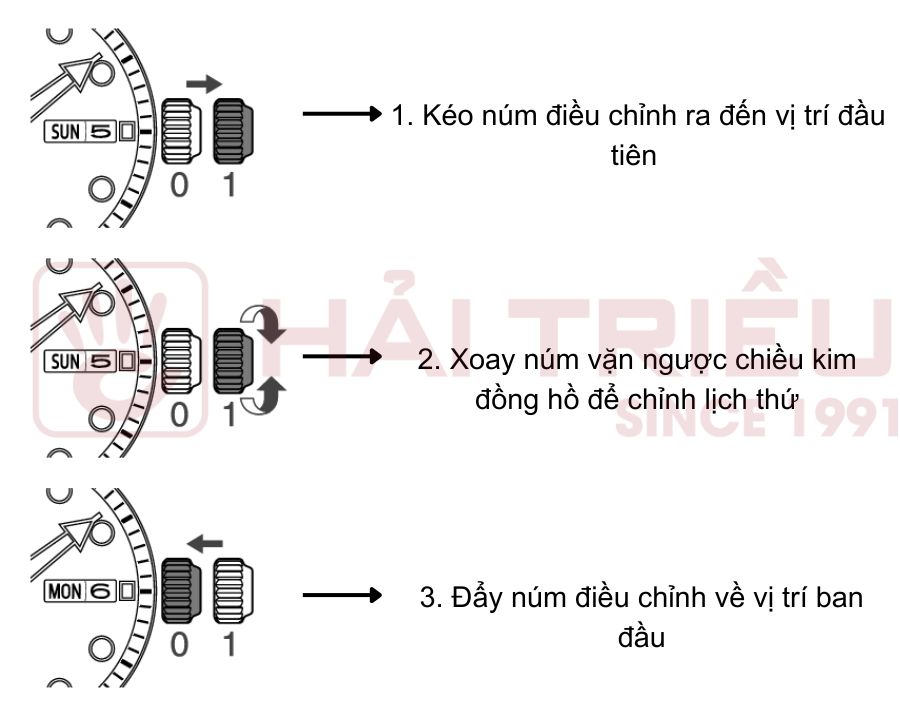 Cách chỉnh đồng hồ Seiko lịch thứ