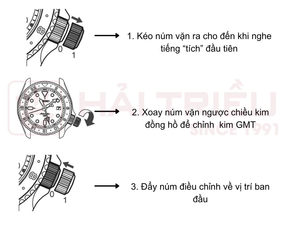 Cách chỉnh giờ đồng hồ Seiko năng lượng mặt trời cùng chức năng GMT