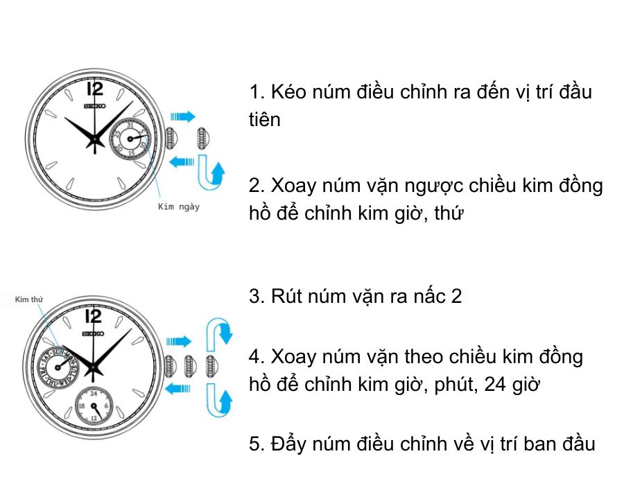 Cách chỉnh đồng hồ Seiko 6 lịch kim từng bước