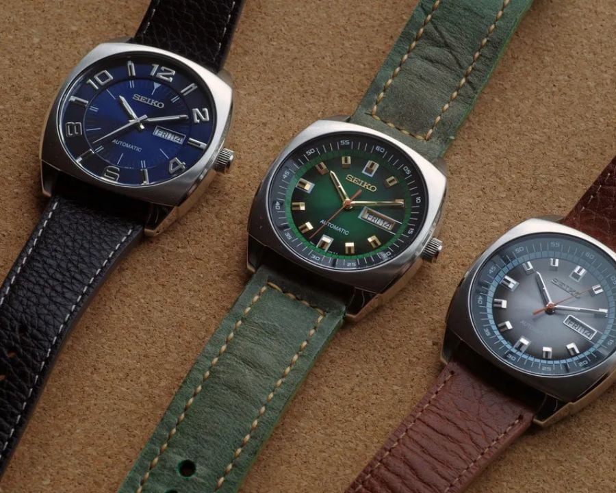 3 chiếc Seiko Recraft dây da, dây xanh lá, nâu, đen