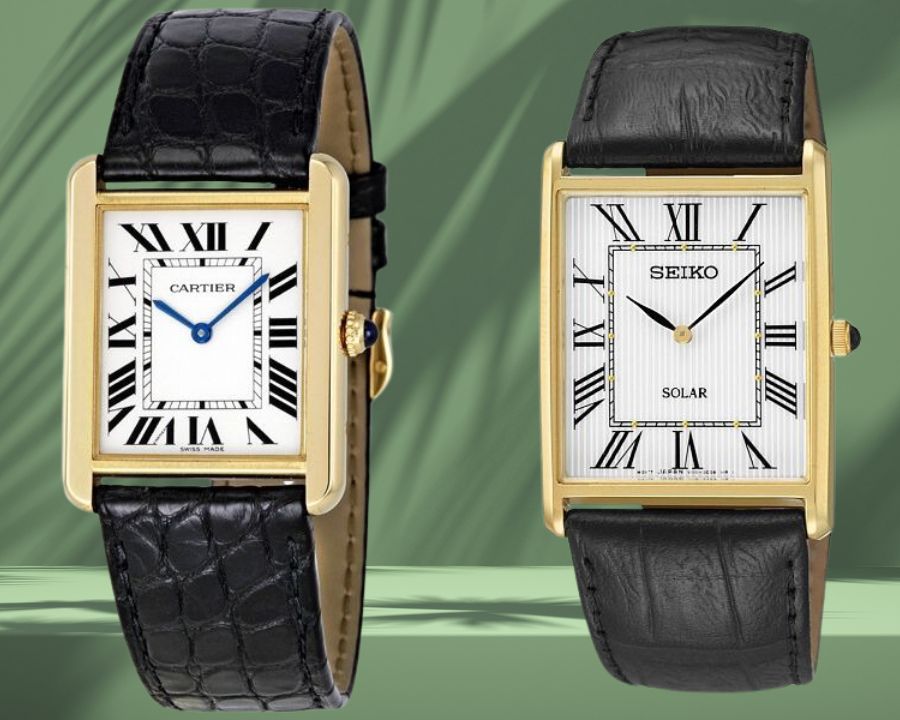 Seiko Tank và Cartier Tank có mặt số màu trắng và cọc số La Mã tương đồng