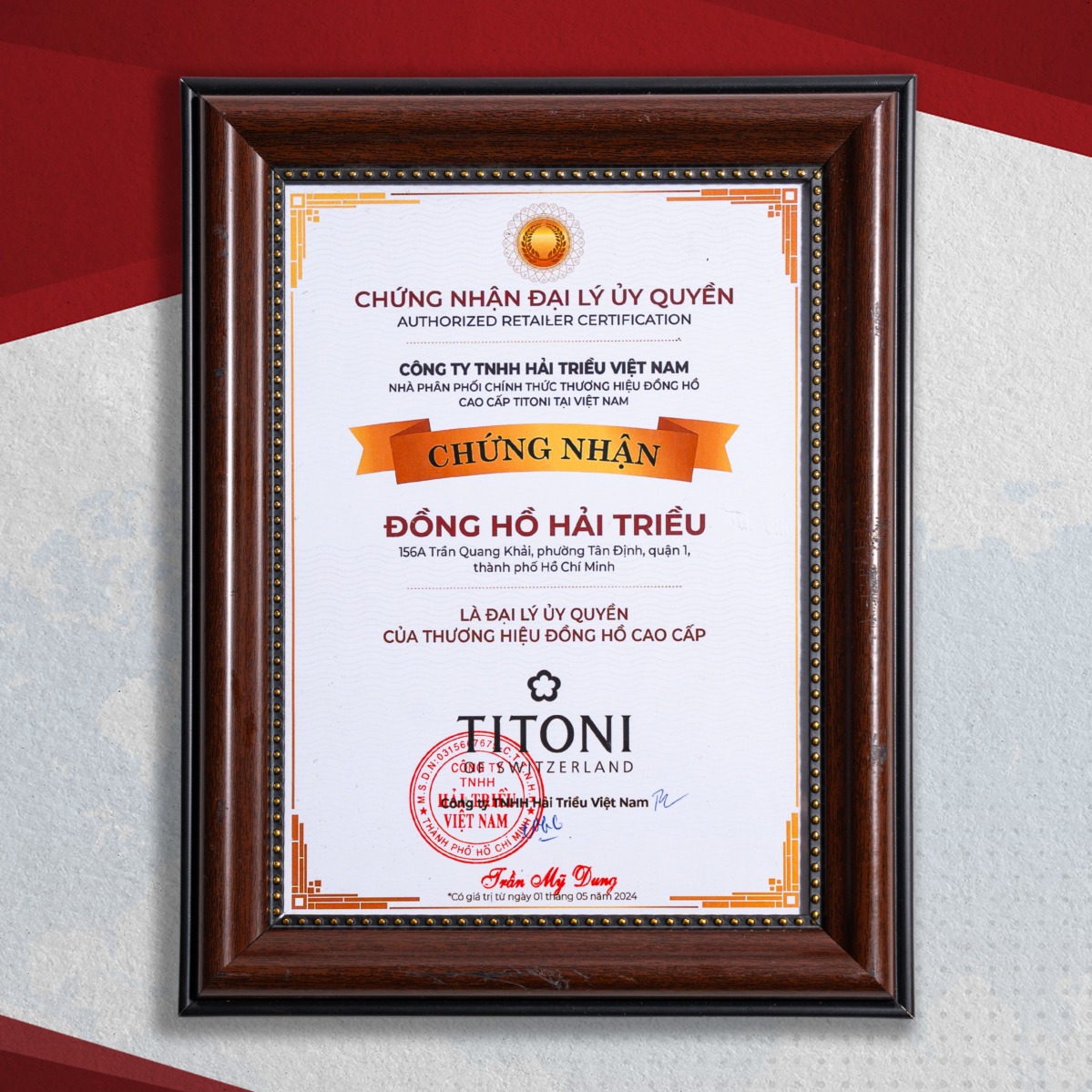 Chứng nhận đại lý ủy quyền của Titoni tại Việt Nam cấp cho Đồng Hồ Hải Triều