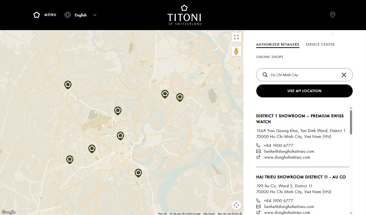 Ảnh chụp màn hình danh sách cửa hàng Đồng Hồ Hải Triều trên website https://www.titoni.ch