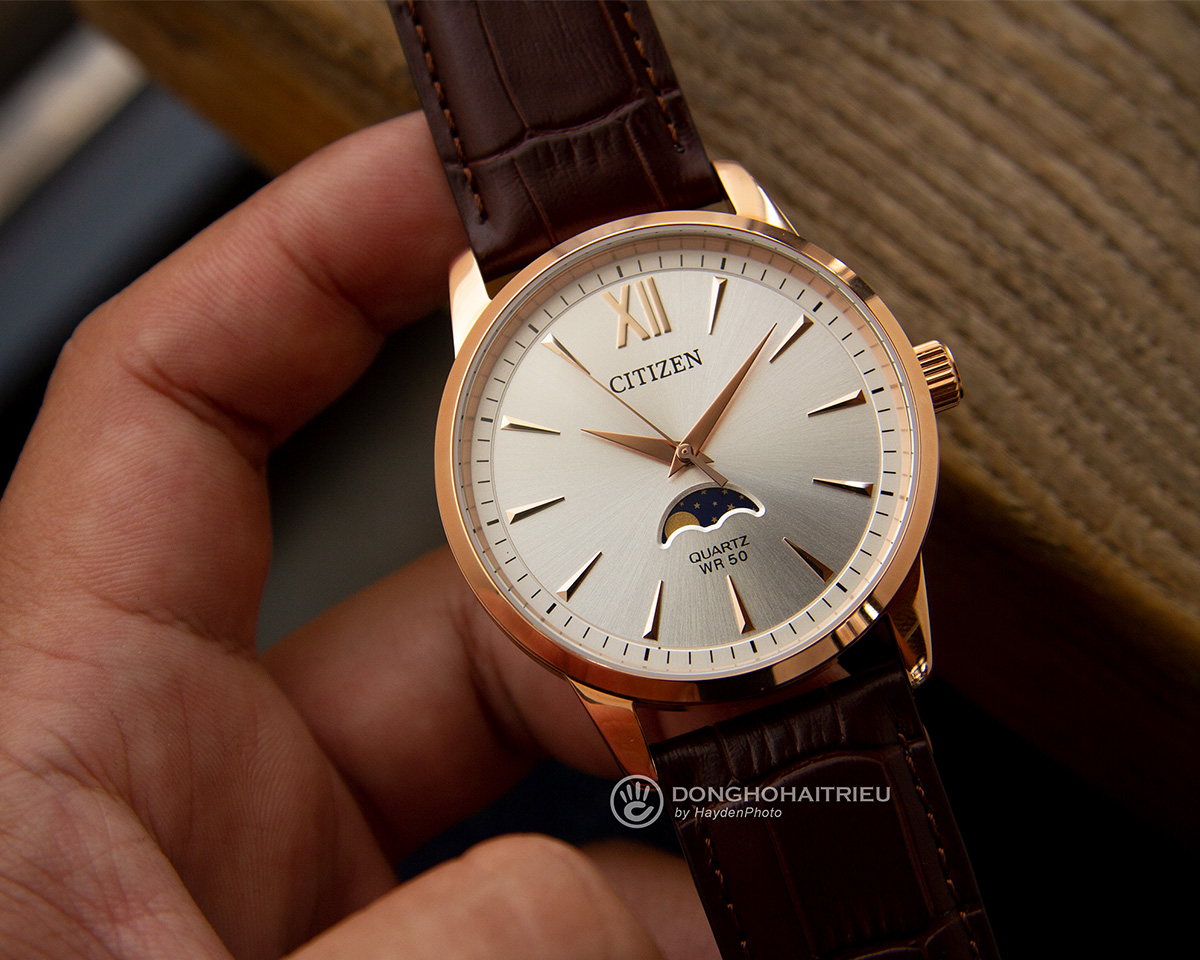 Đồng hồ Citizen Moonphase AK5003-05A mạ PVD vàng hồng, dây da nâu thanh lịch